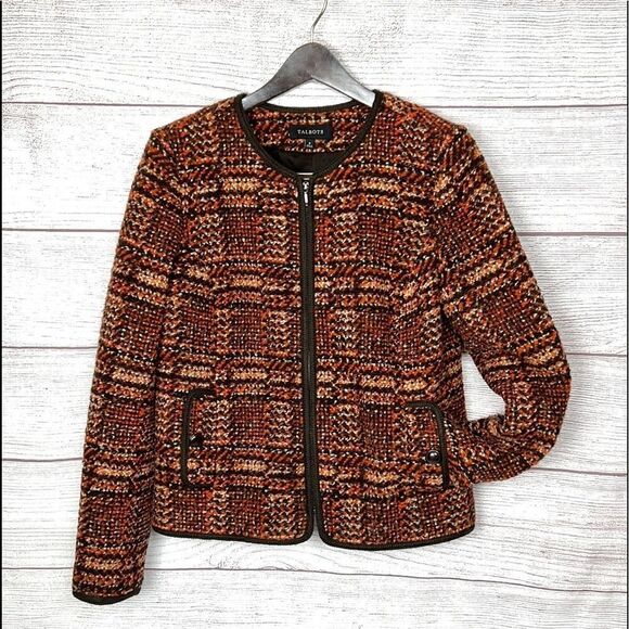 Talbots Wool Blend Tweed Brown Orange Full-Zip Jacket Blazer - Picture 1 of 10